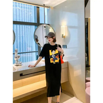 Harajuku Graphic White Long Dress Woman Clothing Y2k Casual Short Sleeve O-Neck Korean Fashion Summer Womens Loose Dresses 2024