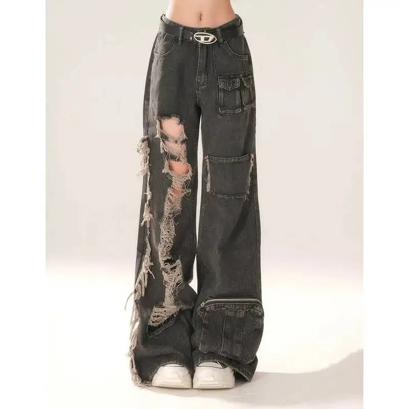 High Waist Ripped Women's Black Jeans Hip-hop Style Fashion Vintage Streetwear Y2K Wide Leg Jean 2024 Trouser Baggy Denim Pants