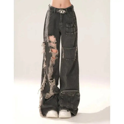High Waist Ripped Women's Black Jeans Hip-hop Style Fashion Vintage Streetwear Y2K Wide Leg Jean 2024 Trouser Baggy Denim Pants