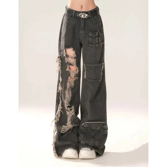 High Waist Ripped Women's Black Jeans Hip-hop Style Fashion Vintage Streetwear Y2K Wide Leg Jean 2024 Trouser Baggy Denim Pants