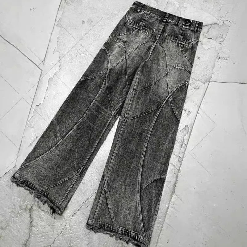 PFNW Spliced Design Washed Denim Jeans Men's Streetwear Fashion Straight Leg Denim Pants Hip Hop Trendy Trousers Spring 28W4634