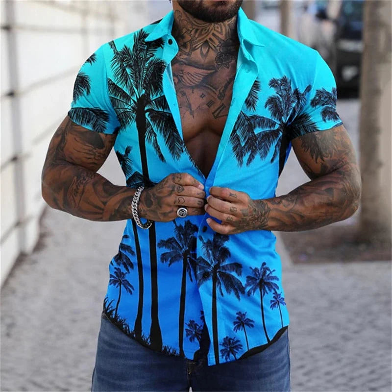 Casual Coconut Tree Graphic Hawaiian Shirts Fashion Trend Short Sleeve Lapel 3D Printed Beach Shirts Loose Vacation Mens Blouse
