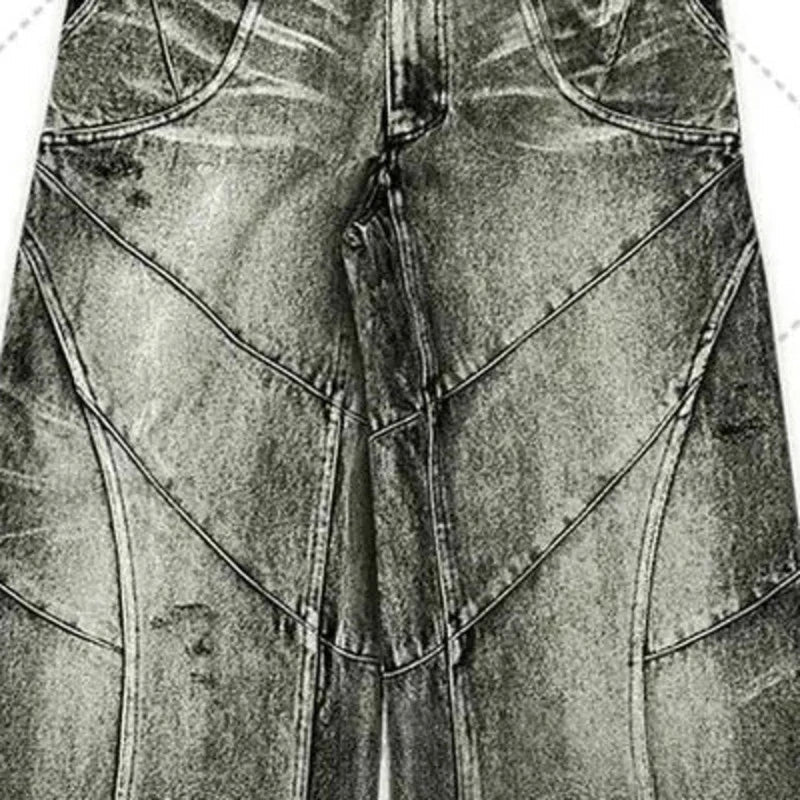 PFNW Spliced Design Washed Denim Jeans Men's Streetwear Fashion Straight Leg Denim Pants Hip Hop Trendy Trousers Spring 28W4634