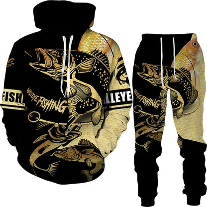 New 3D Fishing Art Print Casual Couple Hoodies Outfits Hip Hop Streetwear Hooded Sweatshirt+Sweat Pants Men's Tracksuit Set