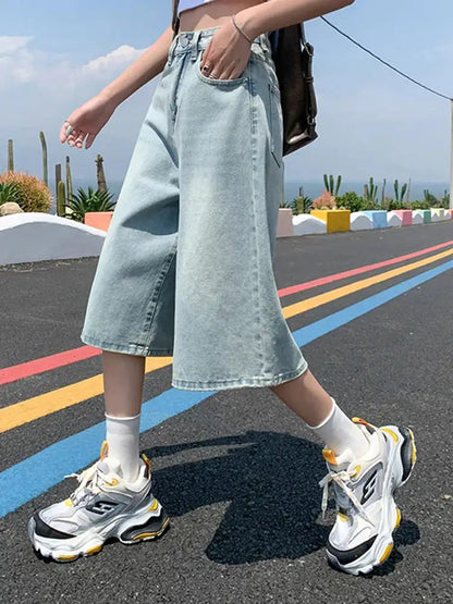 Female Summer American Vintage Baggy Denim Cropped Pants Woman High Waist Washed Wide Leg Jeans Light Blue Loose A Line Shorts