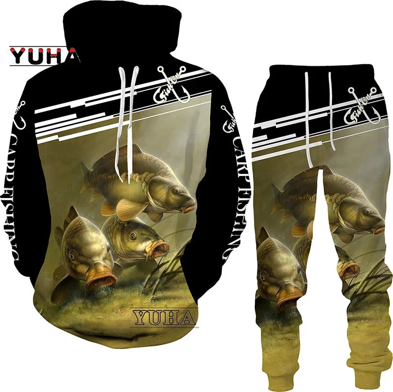 New 3D Fishing Art Print Casual Couple Hoodies Outfits Hip Hop Streetwear Hooded Sweatshirt+Sweat Pants Men's Tracksuit Set