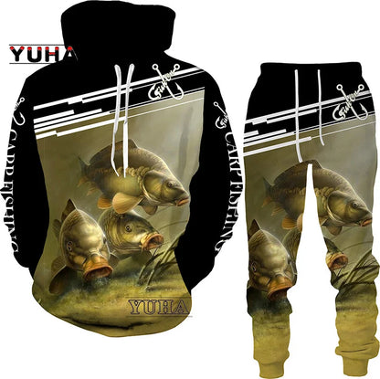 New 3D Fishing Art Print Casual Couple Hoodies Outfits Hip Hop Streetwear Hooded Sweatshirt+Sweat Pants Men's Tracksuit Set