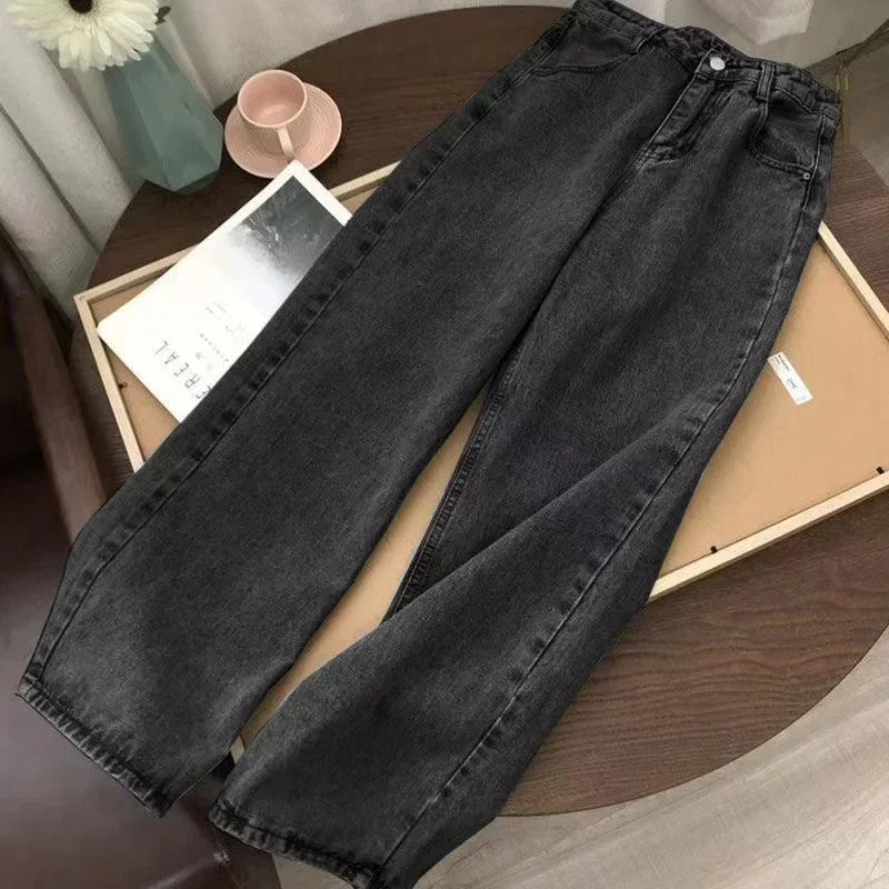 2023 New American Harajuku retro skull print straight high waist Y2K women's washed grey jeans Streetwear Gothic wide trousers