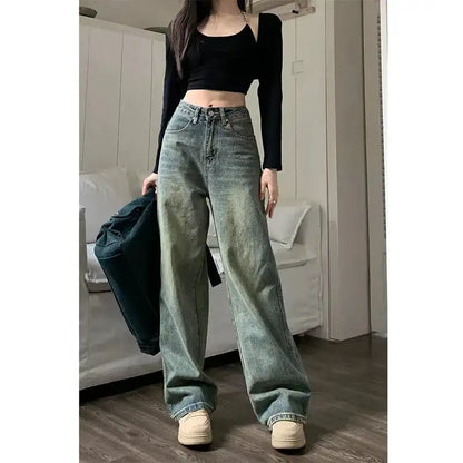 XPQBB Vintage Wide Leg Jeans for Women Streetwear High Waist Loose Straight Denim Pants Female 2024 Spring Wild Casual Trousers