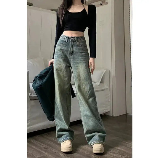 XPQBB Vintage Wide Leg Jeans for Women Streetwear High Waist Loose Straight Denim Pants Female 2024 Spring Wild Casual Trousers