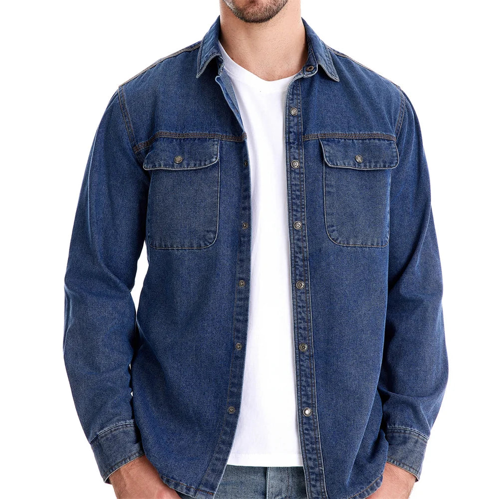 AIOPESON Brand New Mens 100% Cotton Denim Shirts Double Pocket Casual Cowboy Mens Shirts Long Sleeve Autumn Jeans Shirts for Men