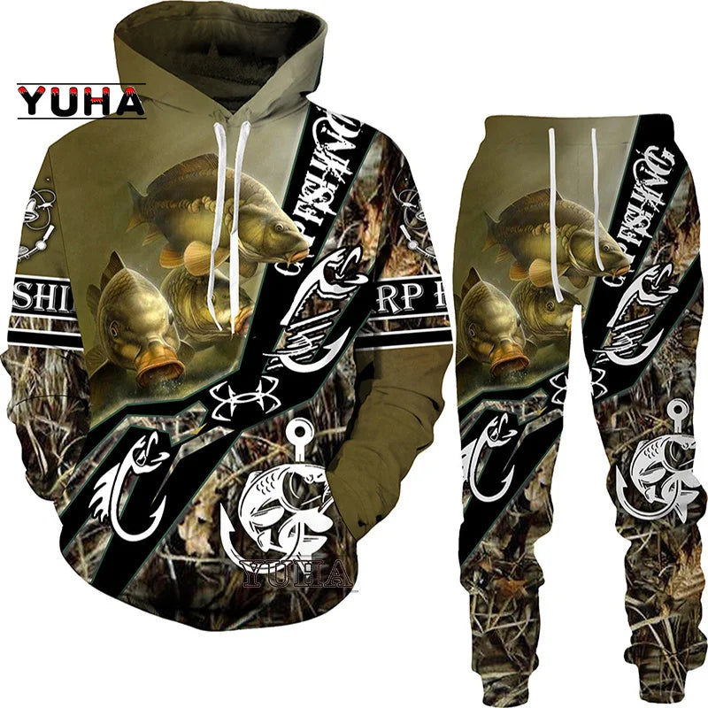 New 3D Fishing Art Print Casual Couple Hoodies Outfits Hip Hop Streetwear Hooded Sweatshirt+Sweat Pants Men's Tracksuit Set