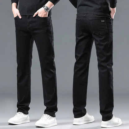 2024 New Winter Pure Black Fleece Thick Warm Jeans Men's loose Straight Elastic Denim Pants classics Casual Plush Trousers