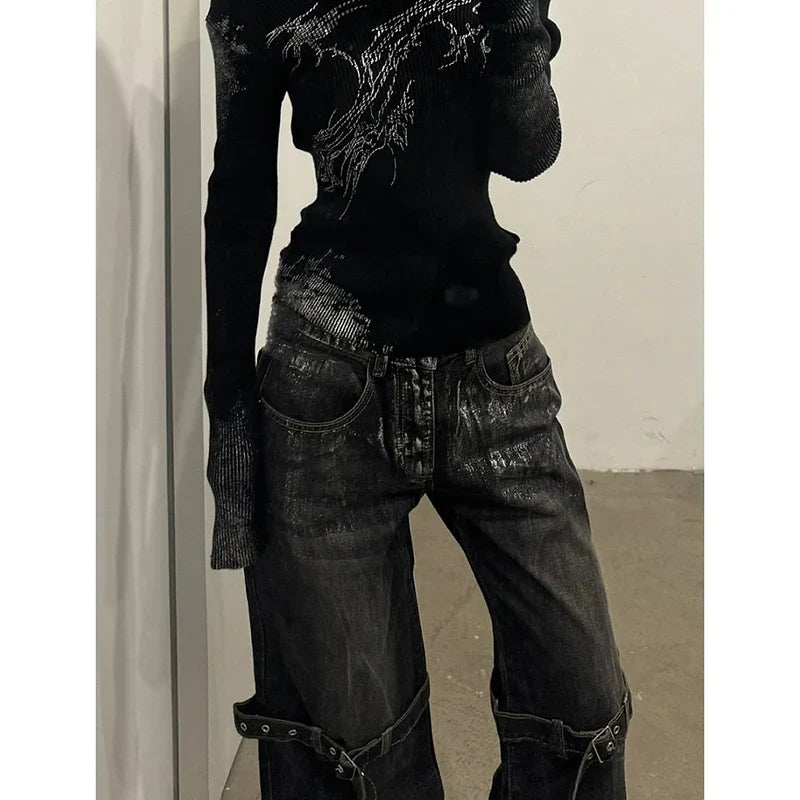 Black Women's Jeans High Waist Hip Hop Straight Fashion Pants Streetwear Harajuku Y2K Star 2024 Female Wide Leg Denim Trouser