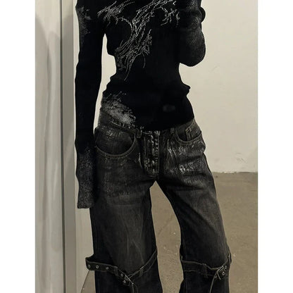 Black Women's Jeans High Waist Hip Hop Straight Fashion Pants Streetwear Harajuku Y2K Star 2024 Female Wide Leg Denim Trouser