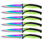 Ensemble de 6 couteaux à steak avec lames revêtues de titane arc-en-ciel et manches verts