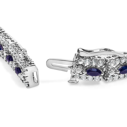 Sterling Silver Dark Blue Sapphire and Topaz Marquise Floral Art Deco Link Bracelet