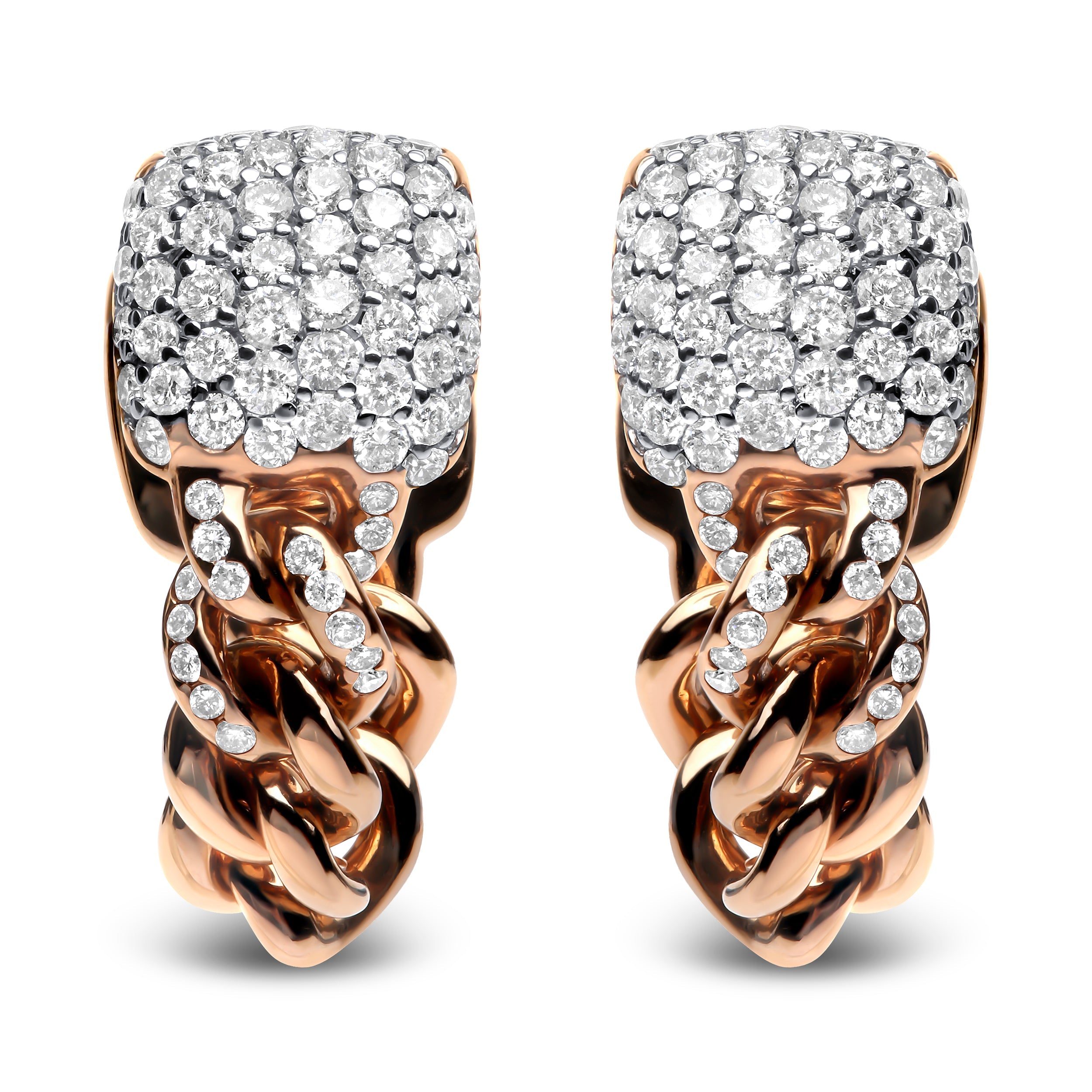 18K Rose Gold 3/4 Cttw Round Diamond Pave Cuban Chain Huggie Earrings (G-H Color, SI1-SI2 Clarity)