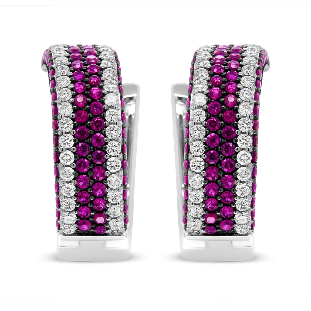 18K White Gold 1 7/8 Cttw Diamond and 1mm Round Red Ruby Open Swish Hoop Earrings (F-G Color, VS1-VS2 Clarity)
