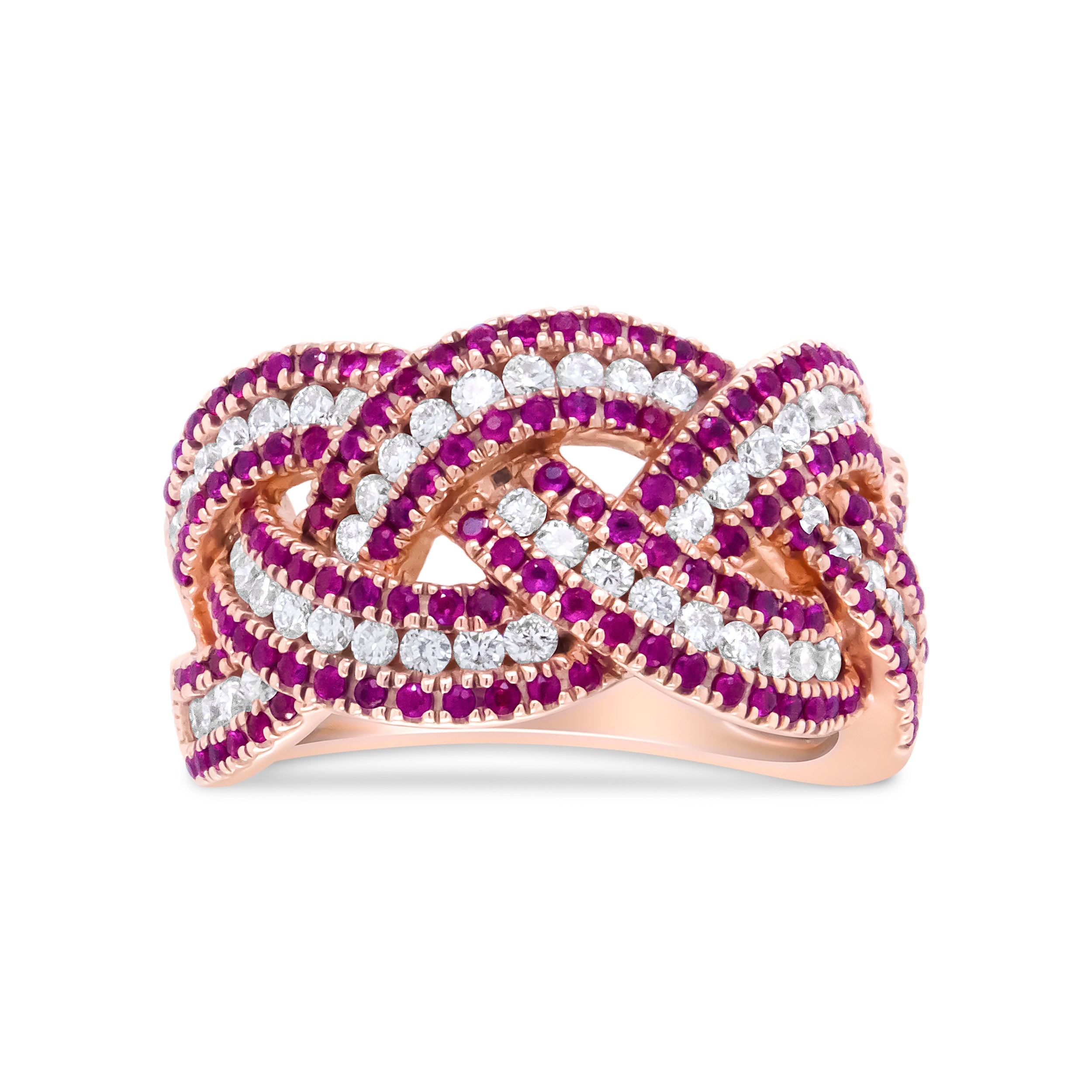 18K Rose Gold Red Ruby and 7/8 Cttw Diamond Woven Braided Band Ring (F-G Color, VS1-VS2 Clarity) - Ring Size 7