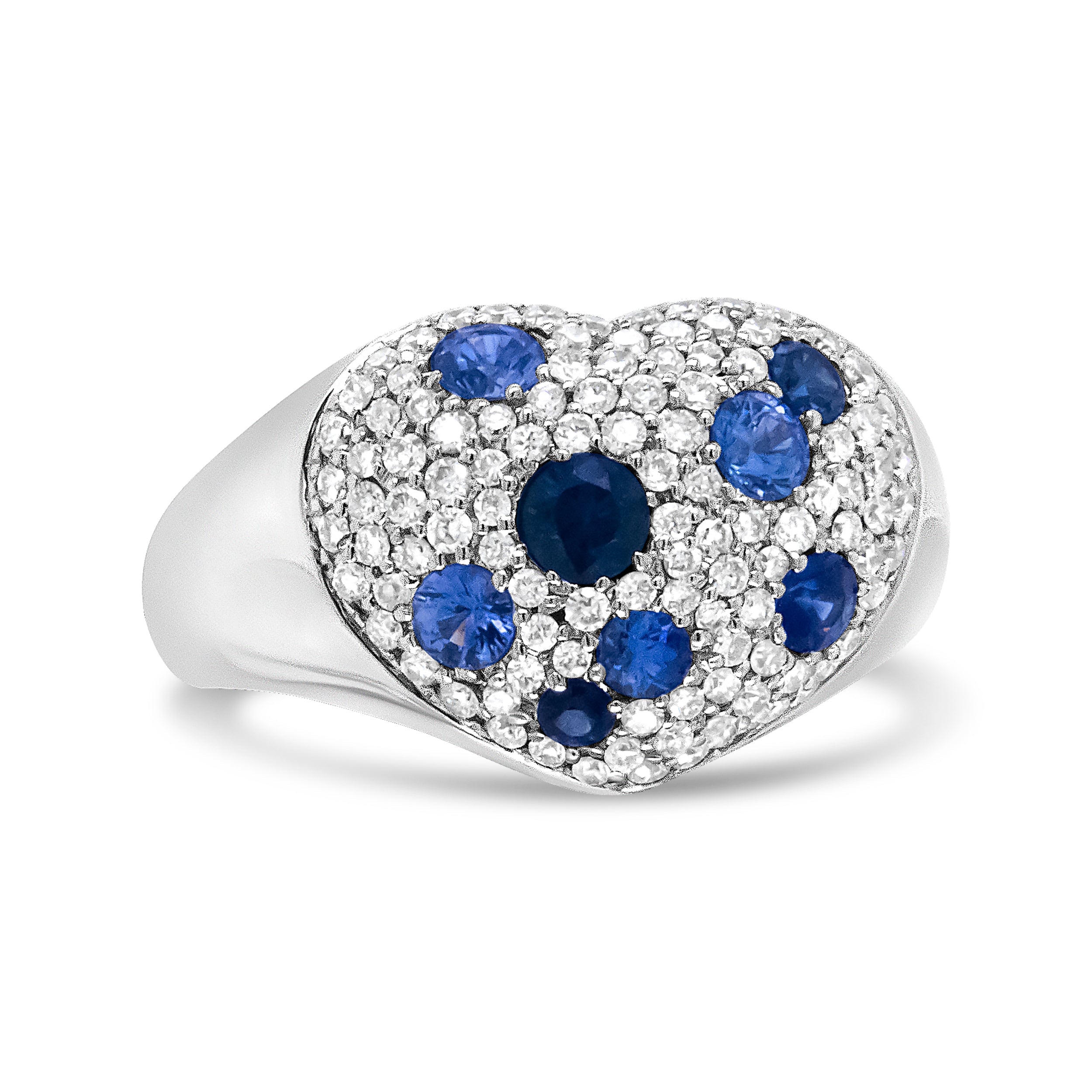 18K White Gold Blue Sapphire and 5/8 Cttw Diamond Cluster Heart Shaped  Ring (F-G Color, VS1-VS2 Clarity) - Size 7.5