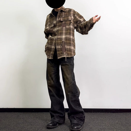 Niche Retro Washed Straight Deconstructed Jeans