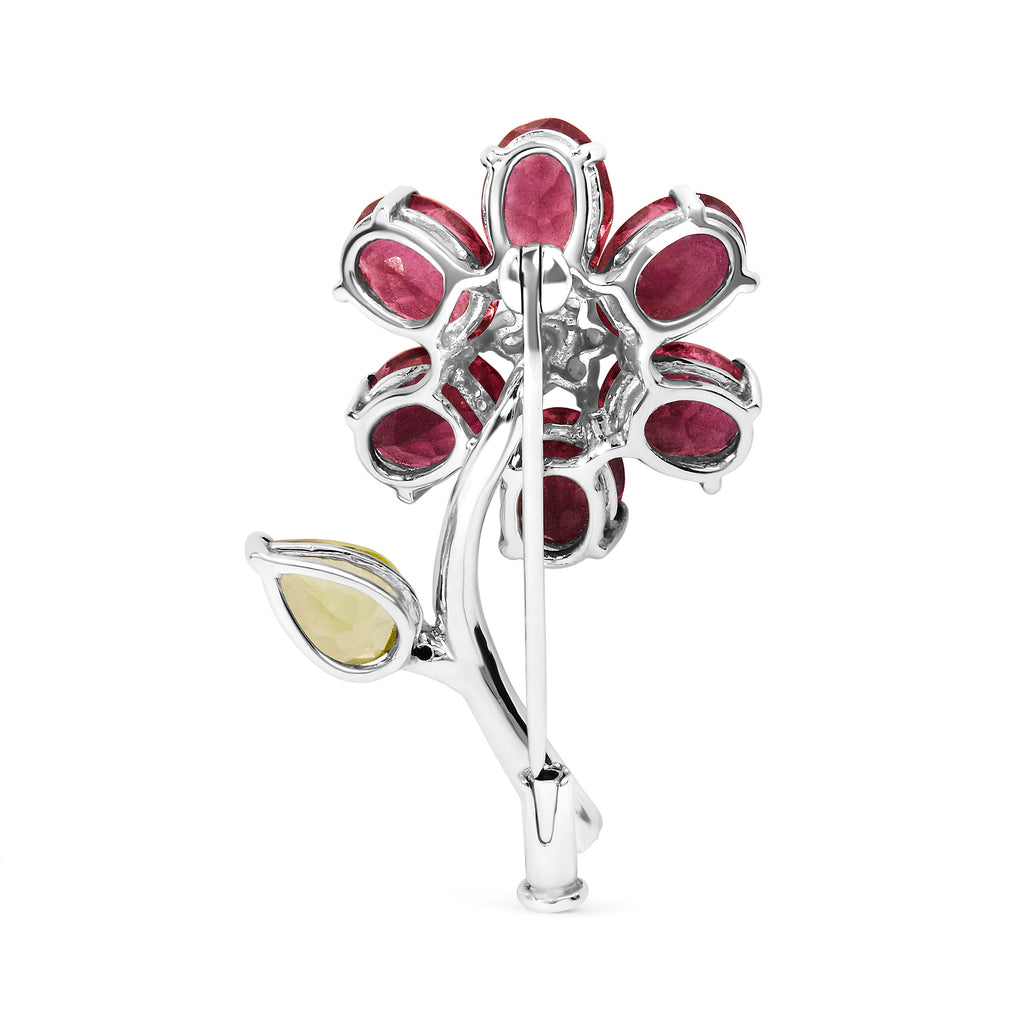 18K White Gold 1/3 Cttw Diamond, Pink Tourmaline, and Green Peridot Flower and Leaf Tulip Brooch Pin (H-I Color, VS2-SI1)