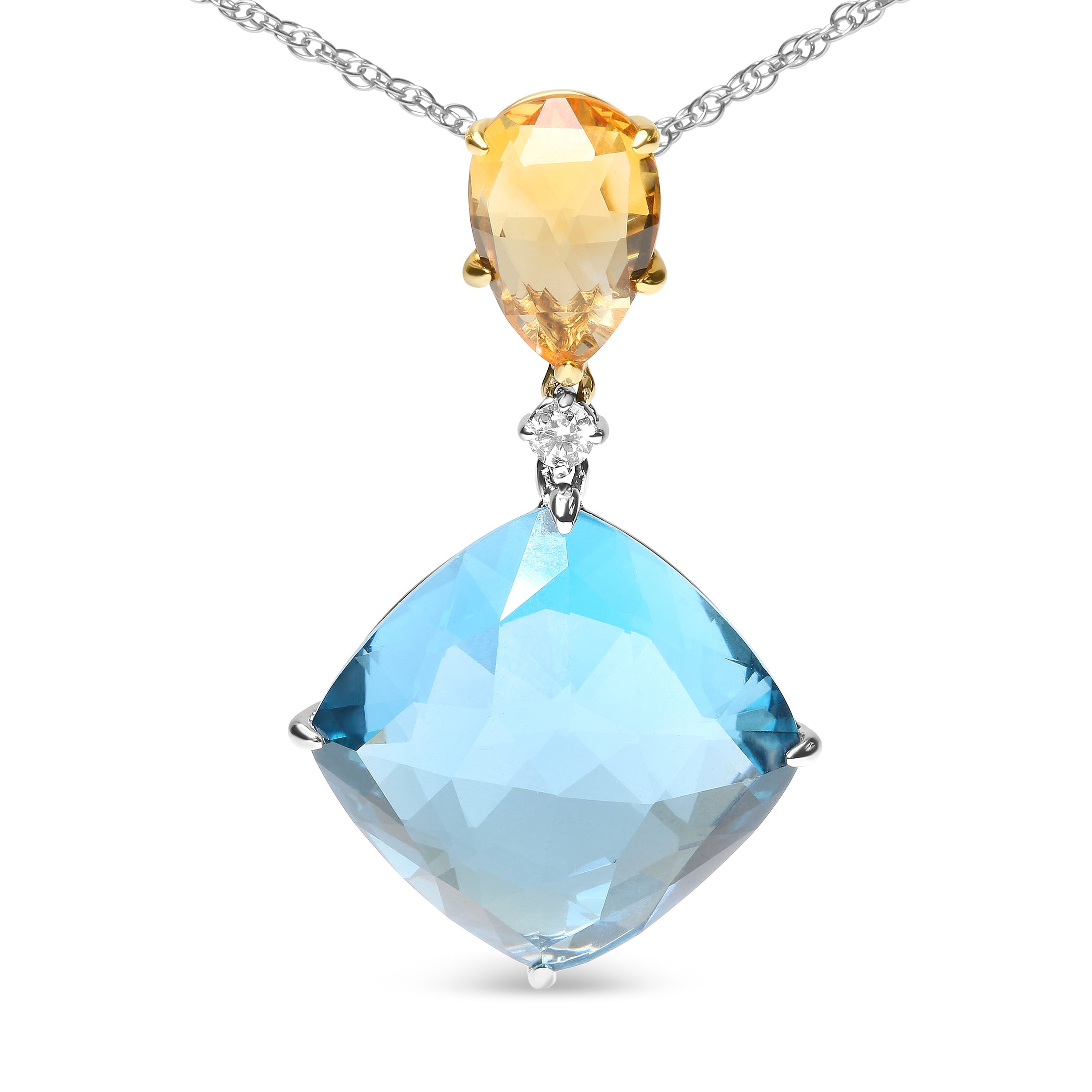 18K White and Yellow Gold Diamond Accent and Yellow Citrine and Sky Blue Topaz Gemstone Dangle Drop 18" Pendant Necklace (G-H Color, SI1-SI2 Clarity)