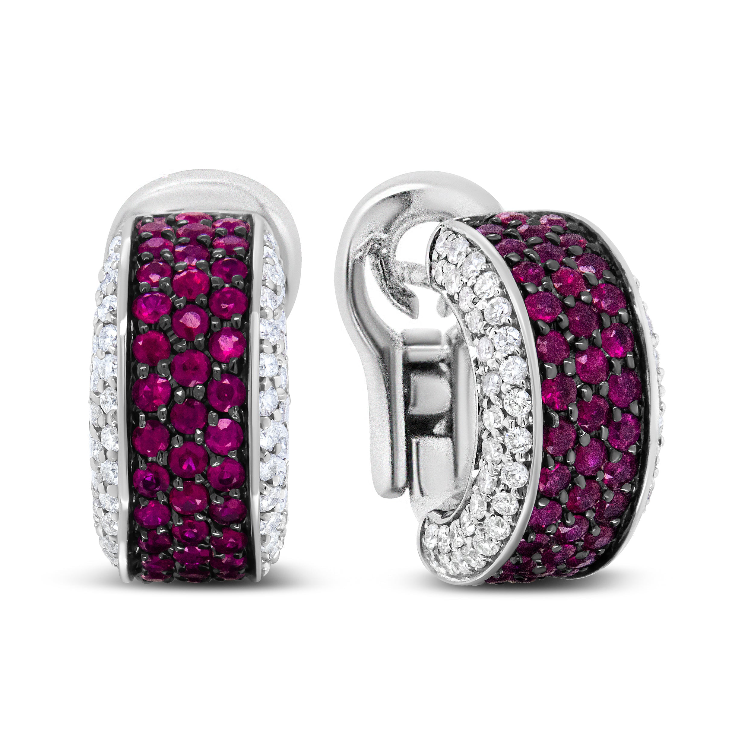 18K White Gold and Black Rhodium Plated 3/4 Cttw Round Diamonds and 1mm Round Red Ruby Huggie Hoop Earrings (F-G Color, VS1-VS2 Clarity)