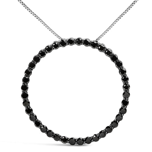 .925 Sterling Silver 4.0 Cttw Black Diamond Open Hoop Circle 18" Pendant Necklace (Black Color, I2-I3 Clarity)