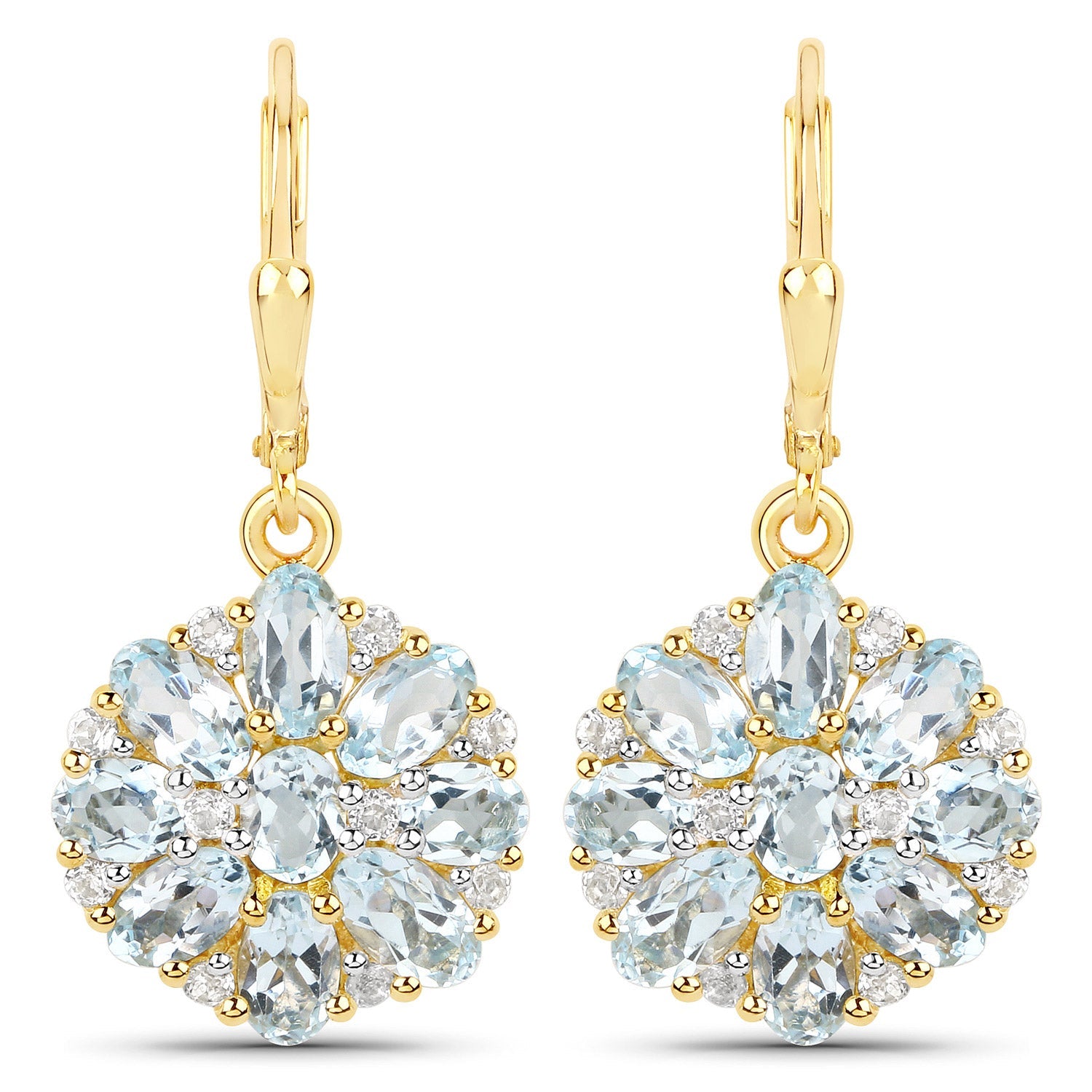 18K Yellow Gold Plated 4.58 Carat Genuine Blue Topaz and White Topaz .925 Sterling Silver Earrings