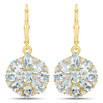 18K Yellow Gold Plated 4.58 Carat Genuine Blue Topaz and White Topaz .925 Sterling Silver Earrings