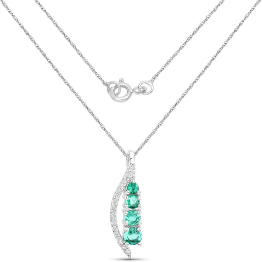 0.34 Carat Genuine Zambian Emerald and White Diamond 14K White Gold Pendant