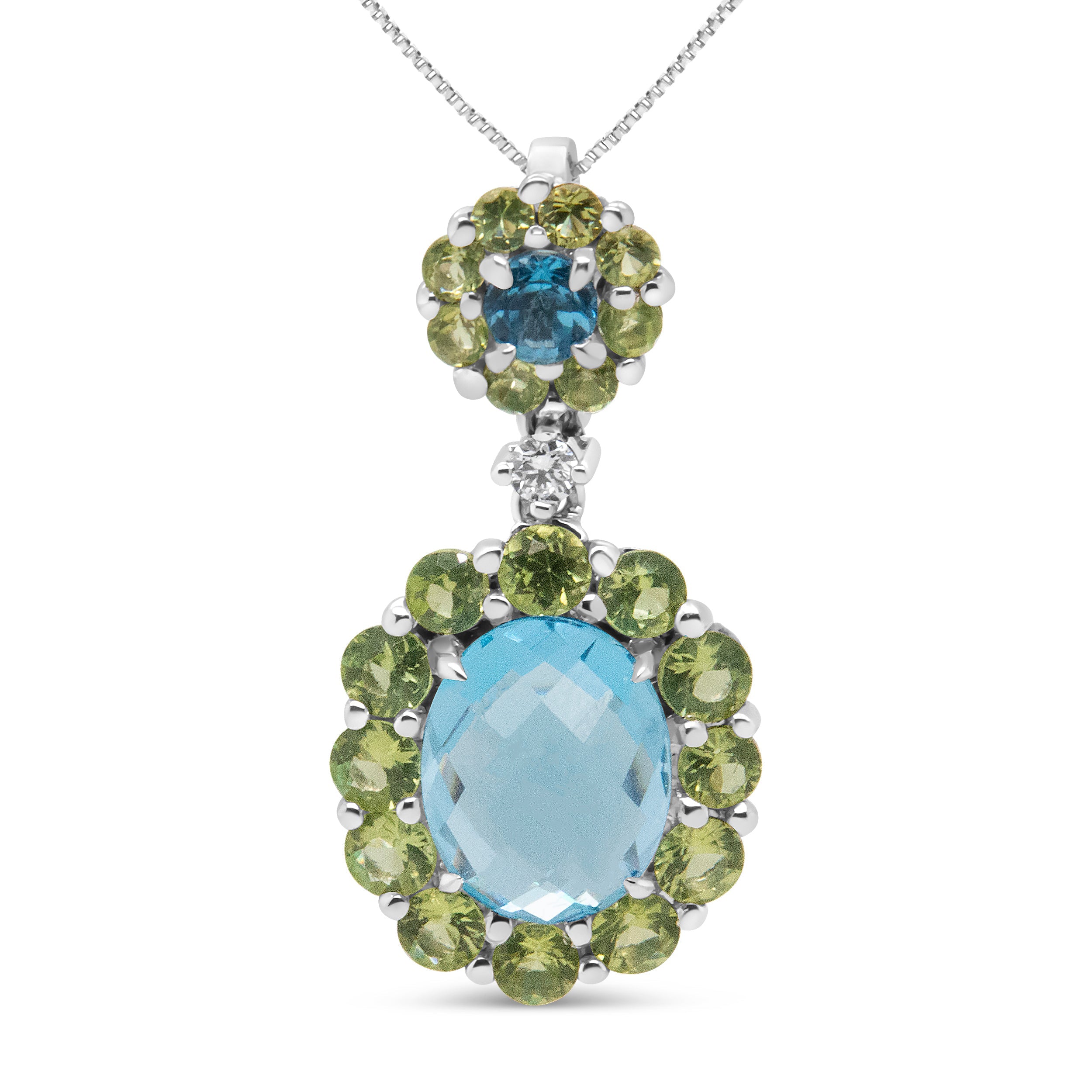 18k White Gold 0.05 Cttw Round Diamond and Blue Topaz and Green Peridot Gemstone Halo Drop 18" Pendant Necklace (F-G Color, VS1-VS2 Clarity)