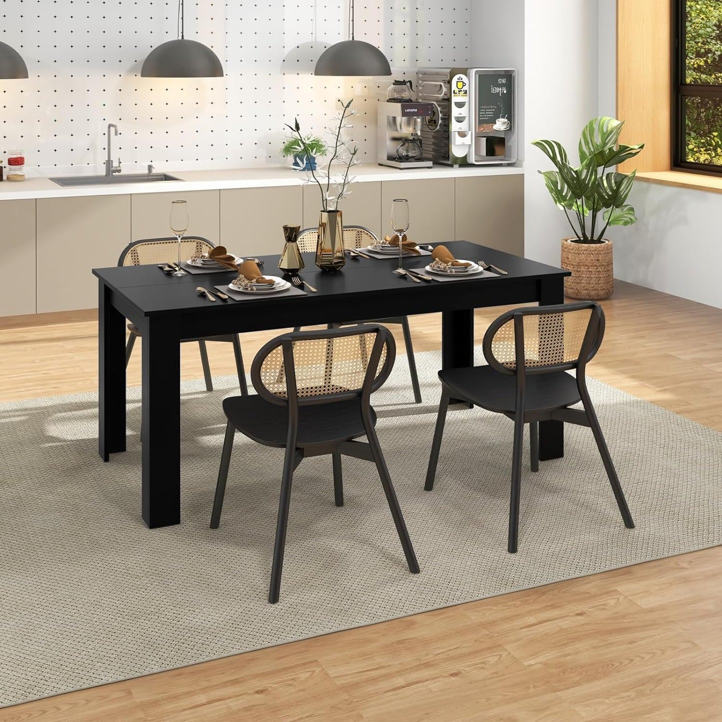 Dining Table for 6, Wood Rectangular Table, 63" L X 31.5" W X 30" H Large Farmhouse Center Table, Home Furniture Kitchen Table, Modern Dining Room Table, Supporting for 330LBS, Black