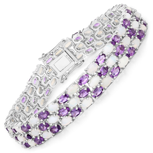 18.68 Carat Genuine Opal and Amethyst .925 Sterling Silver Bracelet