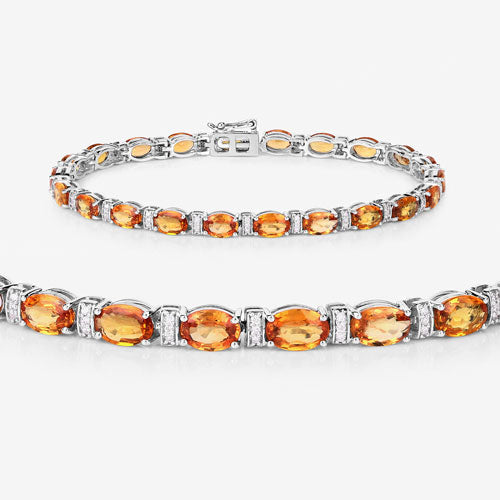 16.73 Carat Genuine Orange Sapphire and White Diamond 14K White Gold Bracelet
