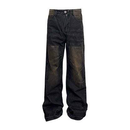 Niche Retro Washed Straight Deconstructed Jeans