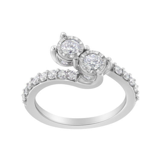 10K White Gold Two-Stone Miracle-Set Diamond Bypass Ring (1 Cttw, H-I Color, I1-I2 Clarity) - Size 6