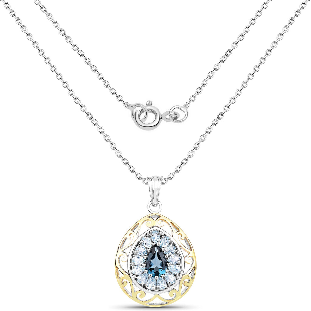 18K Yellow Gold Plated 4.44 Carat Genuine London Blue Topaz and Blue Topaz .925 Sterling Silver Pendant