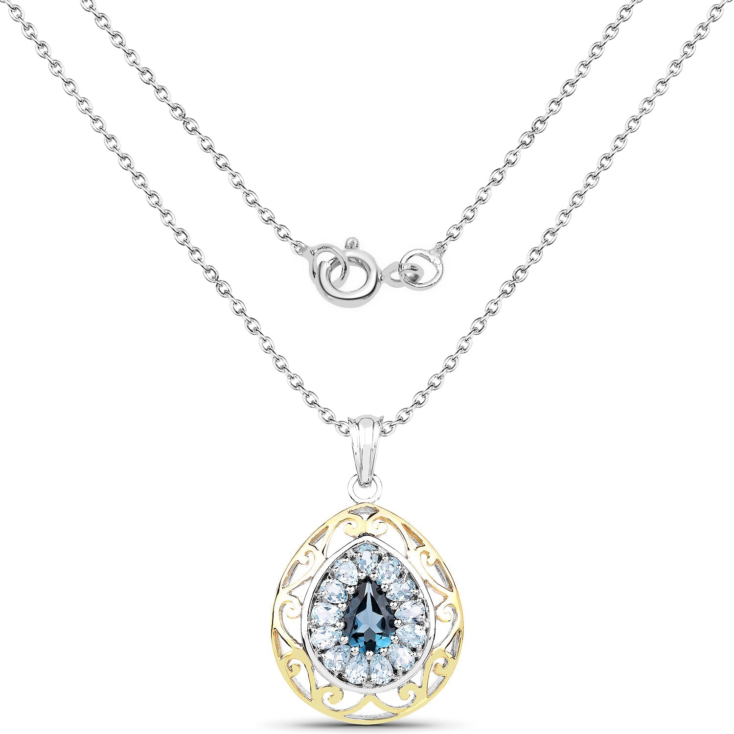 18K Yellow Gold Plated 4.44 Carat Genuine London Blue Topaz and Blue Topaz .925 Sterling Silver Pendant