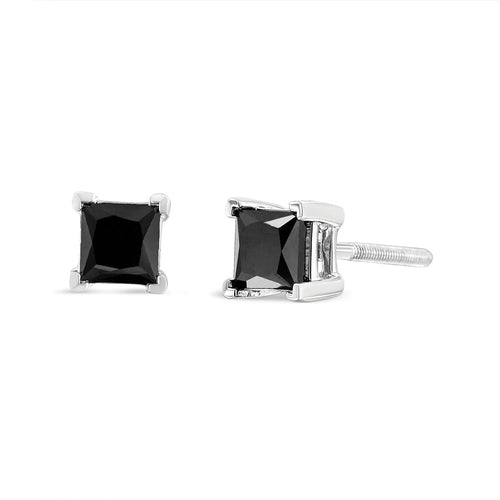 .925 Sterling Silver 4.00 Cttw Princess-Cut Square Black Diamond Classic 4-Prong Stud Earrings with Screw Backs