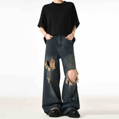 Couple Hole Worn Jeans Wide-leg Pants