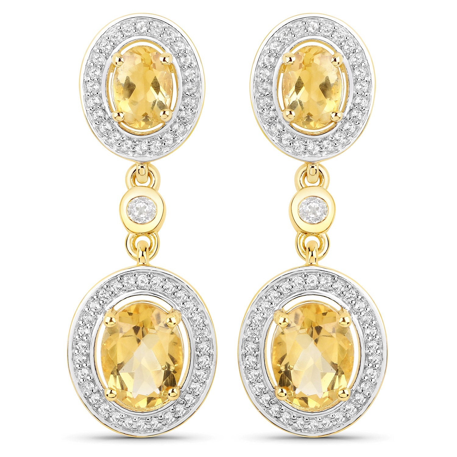 18K Yellow Gold Plated 5.70 Carat Genuine Citrine and White Topaz .925 Sterling Silver Earrings