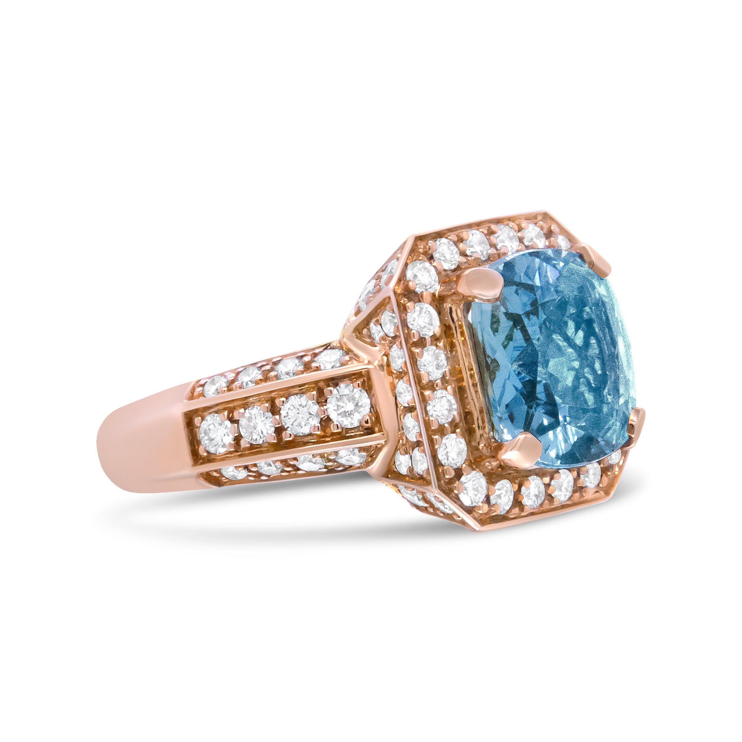 18K Rose Gold 10x10mm Cushion Shaped Aquamarine and 1 1/8 Cttw Round Diamond Halo Ring (F-G Color, VS1-VS2 Clarity) - Ring Size 6.5