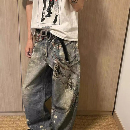 Printed Jeans Men's Loose Straight Personality All-match