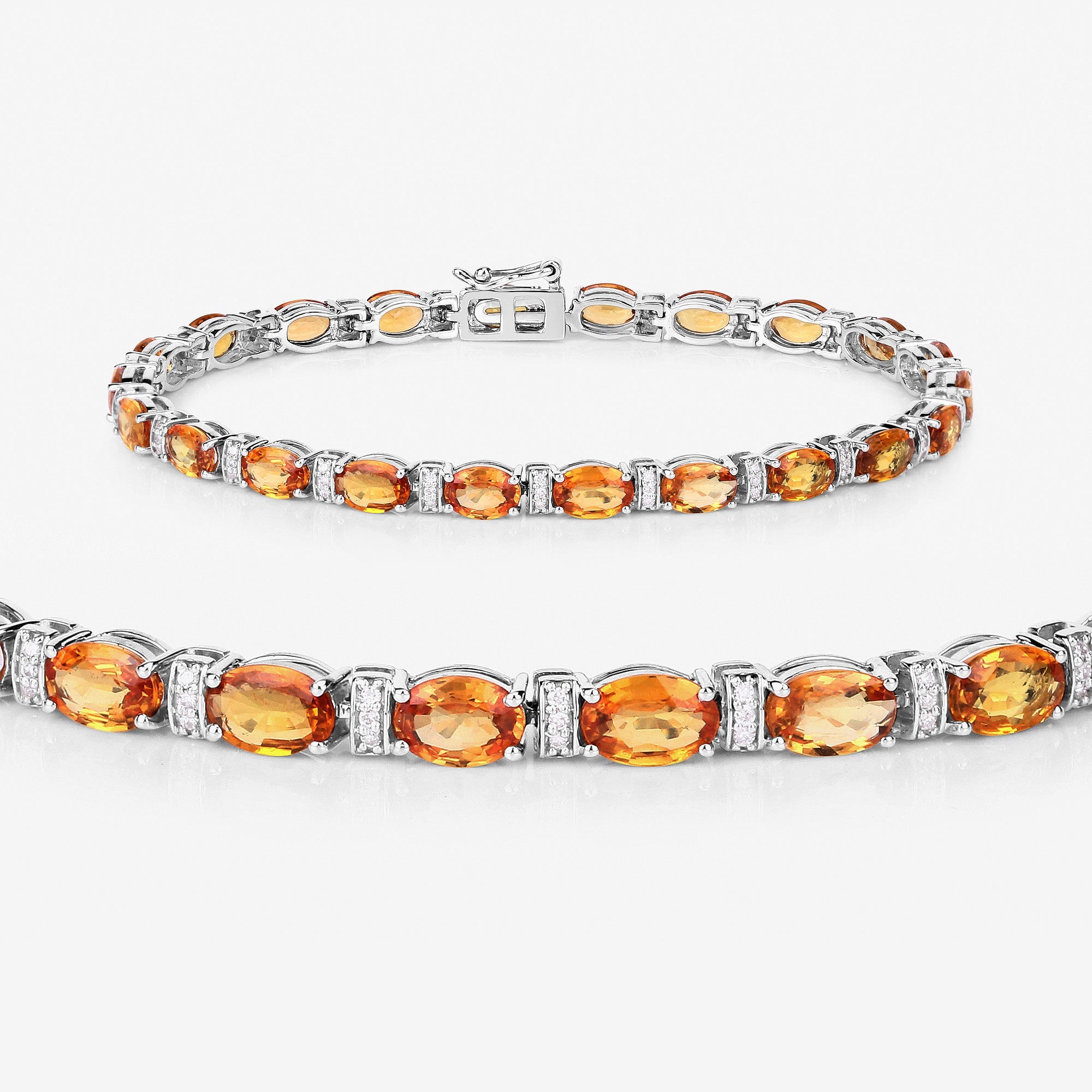 16.73 Carat Genuine Orange Sapphire and White Diamond 14K White Gold Bracelet