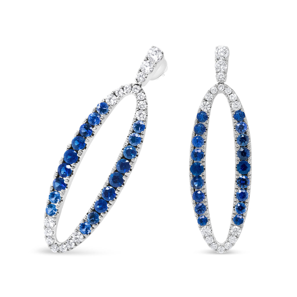 18K White Gold 1.11 Cttw Blue Round Diamond and Blue Sapphire Openwork Oval Shaped Dangle Earrings (F-G Color, VS1-VS2 Clarity)