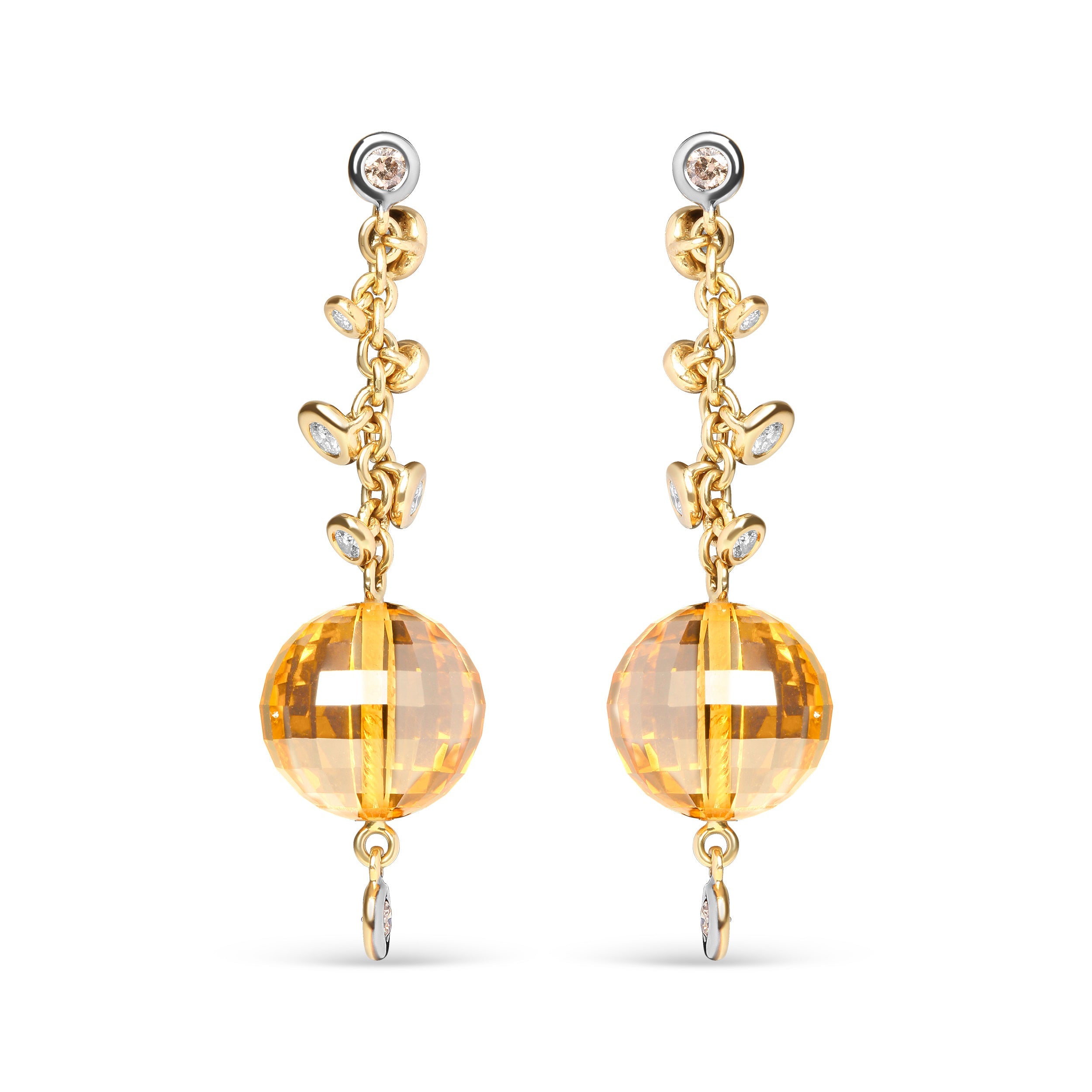 18K Yellow Gold 2/3 Cttw Round Bezel Diamond and 25mm Ball Shaped Yellow Citrine Gemstone Dangle Stud Earring (Brown and G-H Color, SI1-SI2 Clarity)