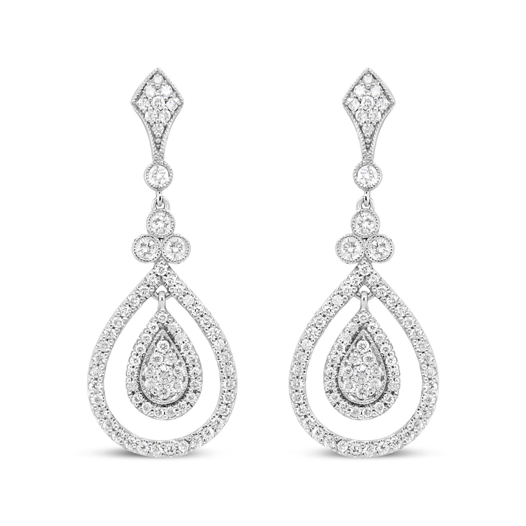 18K White Gold 1 1/4 Cttw Round Diamond Openwork Teardrop-Shaped Dangle Earrings (F-G Color, VS1-VS2 Clarity)